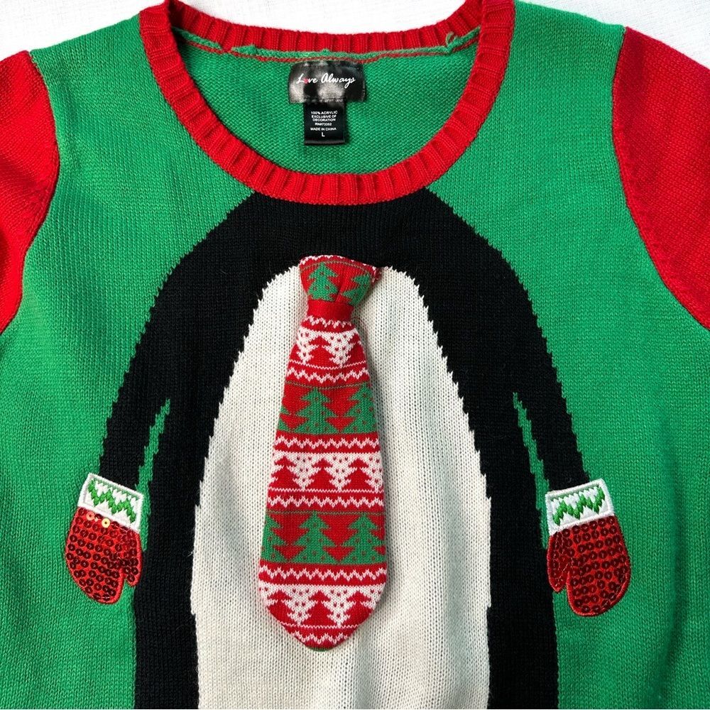 Ugly Christmas Penguin Sweater Tunic Red Green Knit Tie Neck Large Holiday - Picture 2 of 6